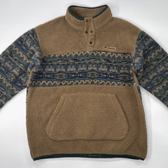 Vintage Columbia Aztec Fleece Sweater Snap Pullover Mens Large Brown Navajo - Picture 1 of 15